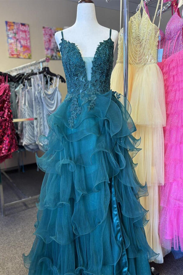 Straps Ink Blue Appliques Tulle Ruffles Long Formal Dress