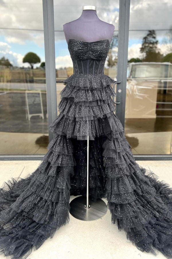 Black Strapless High Low Ruffles Party Dress