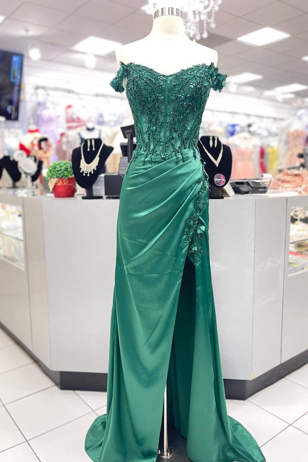 Off the Shoulder Green Beaded Appliques Long Formal Dress