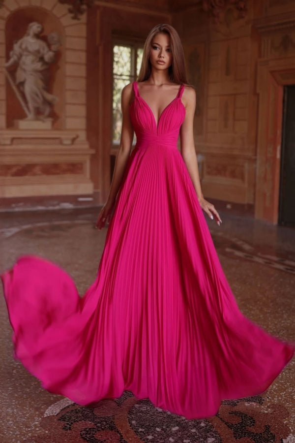 Fuchsia Long Pleated V-Neck Prom Dress ssr0468