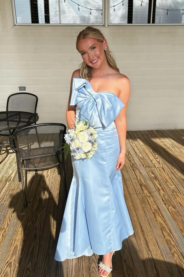 Strapless Light Blue Bow Mermaid Long Formal Dress