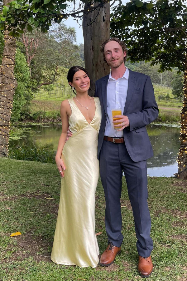 Empire V Neck Yellow Cowl Back Party Dress