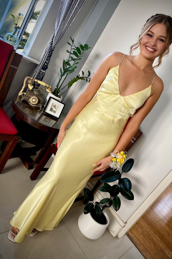 Straps Yellow V Neck Soft Satin Party Dress