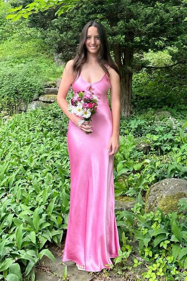 Scoop Pink Sheath Satin Long Maxi Dress