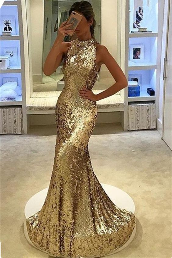 SSR0050,Halter Mermaid/Trumpet Gold Sequence Prom Dresses