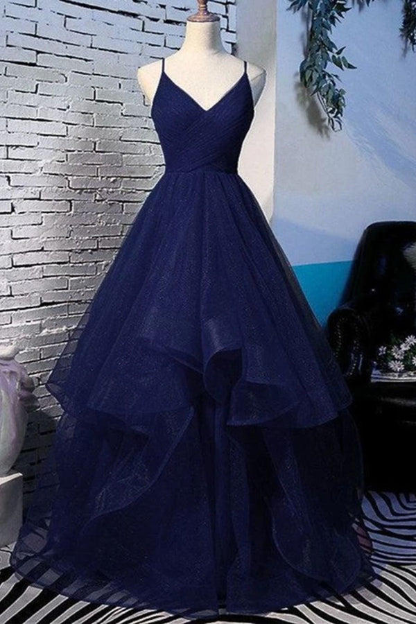 SSR0015,Fluffy V Neck Navy Blue Long Prom Dress with Straps, V Neck Navy Blue Formal Dress, Navy Blue Evening Dress