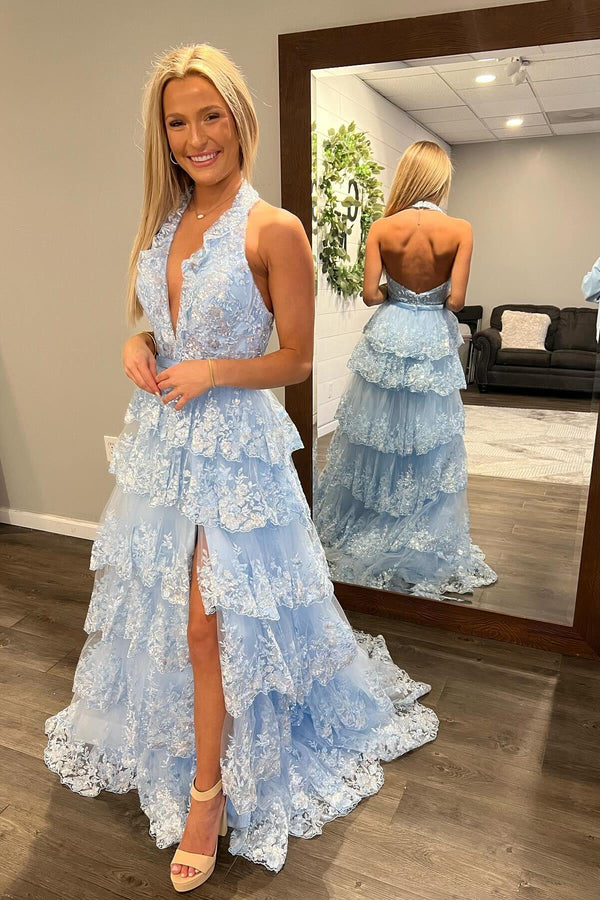 Halter Light Blue Appliques Ruffle Prom Dress