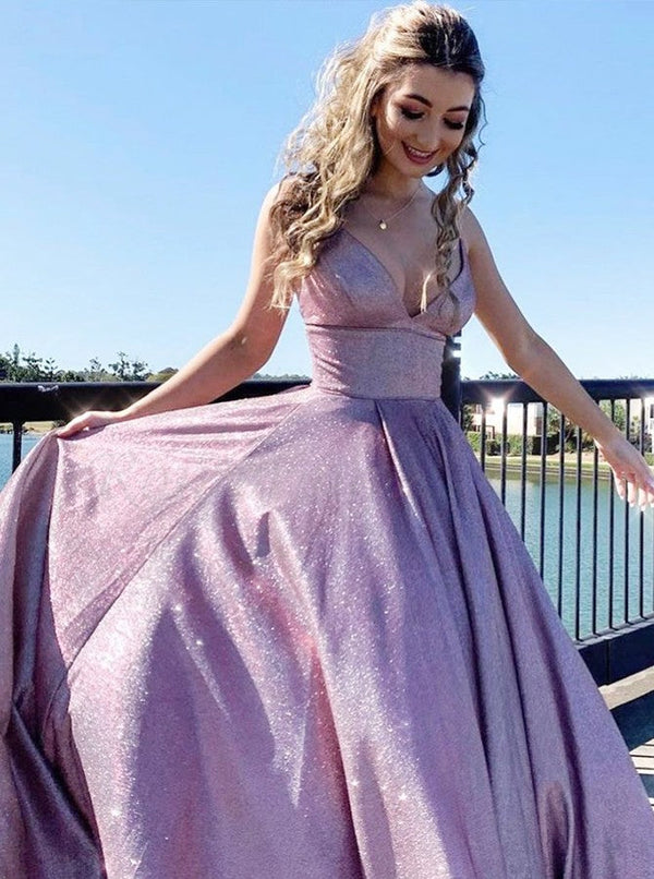 SSR0342,Sparkle Pink Long Prom Dresses Spaghetti Straps A-Line Ball Gown Evening Dress