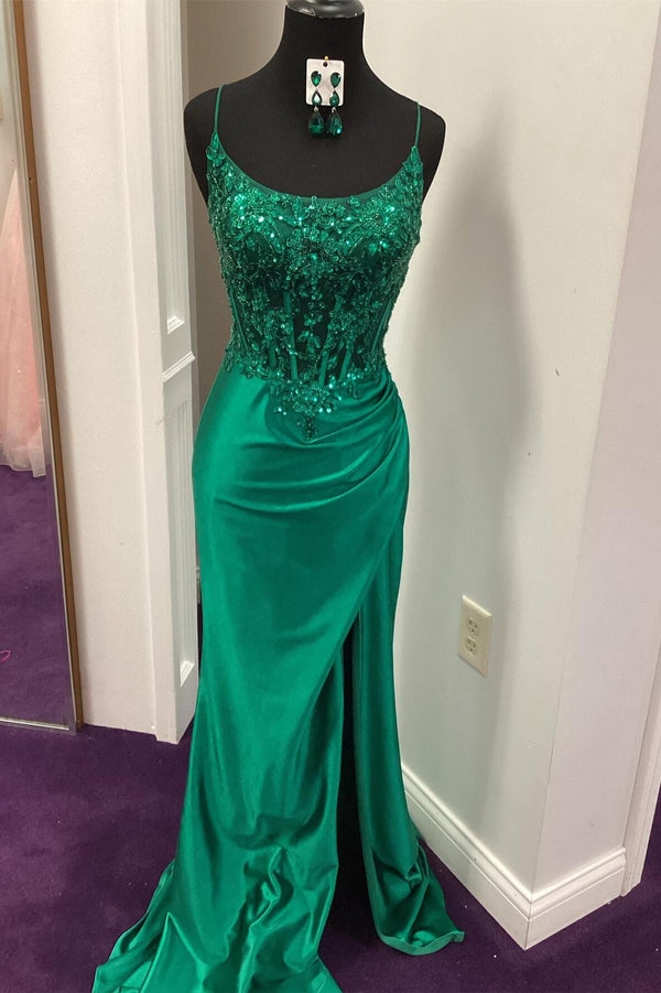 Green Sheer Appliques Satin Mermaid Long Party Dress