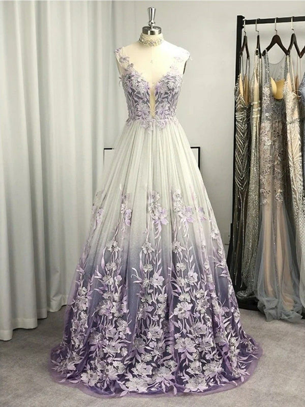 SSR1014,White tulle a-line prom dresses floral applique lavender long evening dress