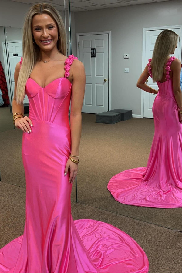 Handmade Flowers Straps Hot Pink Satin Mermaid Prom Dress