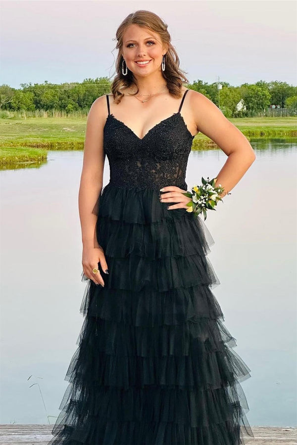 Straps Black Lace and Tulle Ruffles Party Dress