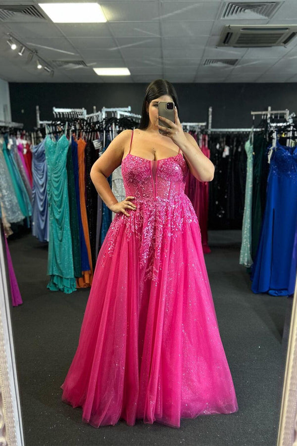 Straps Hot Pink Appliques Tulle Long Formal Gown