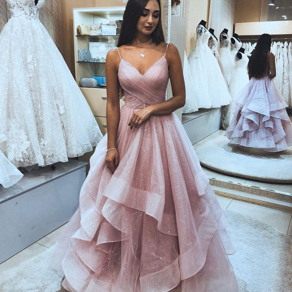 SSR0032,Spaghetti Long A-line Pink Sequin Tulle Prom Dresses, Sparkle Prom Dresses, Long Prom Dresses