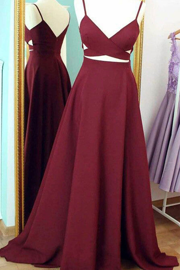 SSR0315,Two Pieces Burgundy Prom Dresses Satin Long Prom Dress