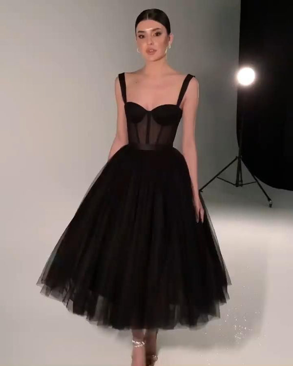 SSR0610,Black A-Line Tulle Tea Length Prom Dress Black Homecoming Dresses
