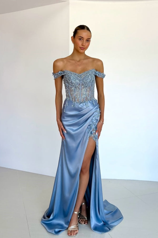 Light Blue Exquisite Embroidery Split Prom Dress ssr0455