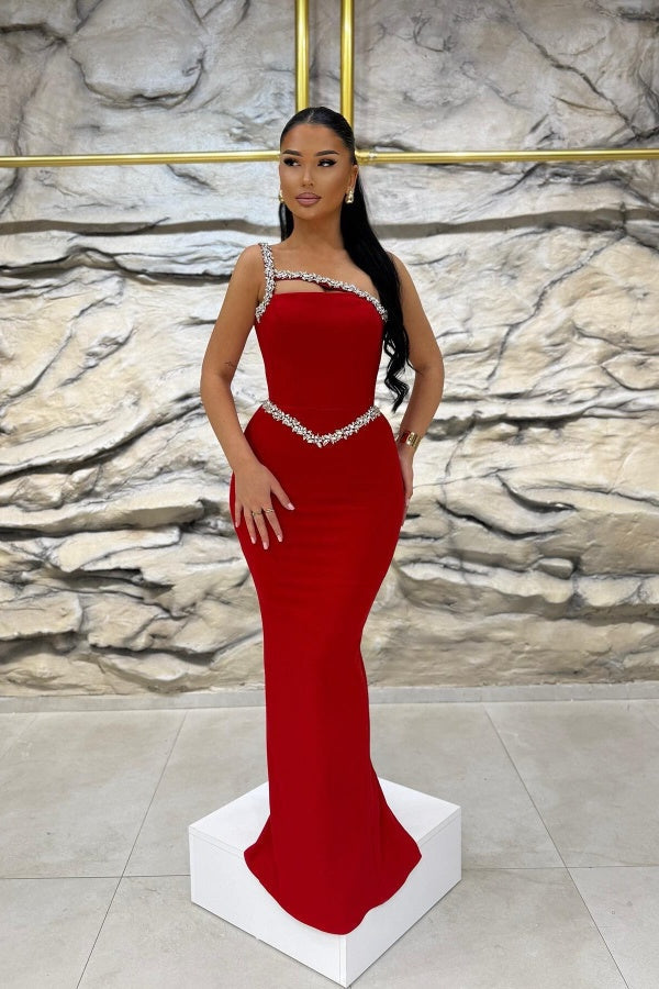 Red Beaded Mermaid One-Shoulder Prom Dress ssr0261