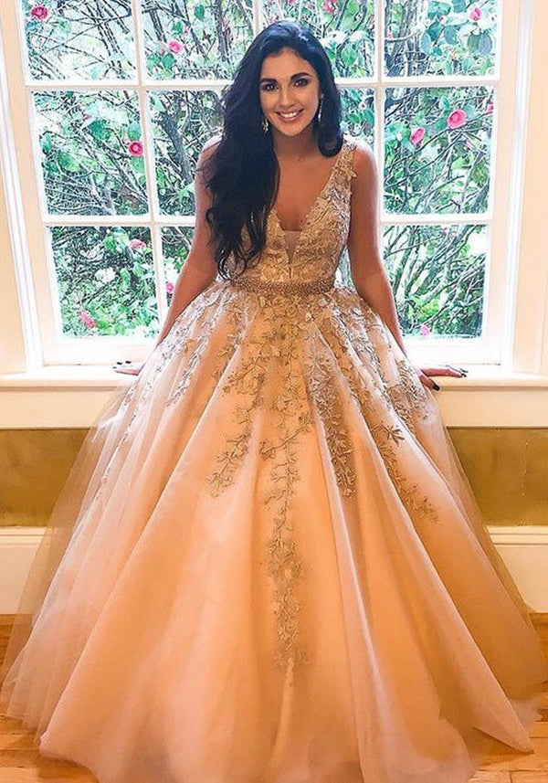SSR0920,V-neck Tulle Long Prom Dresses with Appliques and Beading,Evening Dresses,Formal Dresses