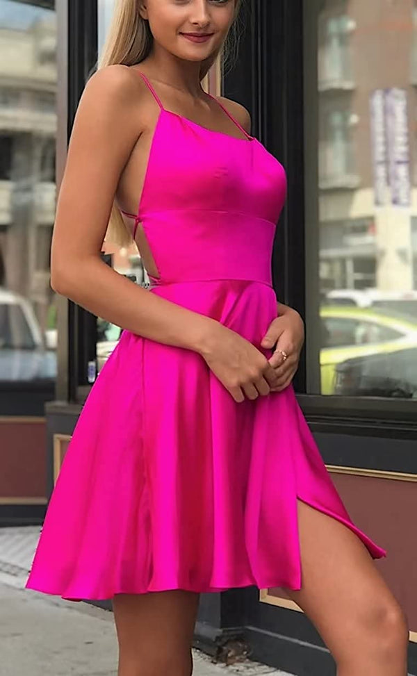 SSR1464,Scoop Homecoming Dresses A Line With Spaghetti Straps Slit Satin Short/Mini Dress