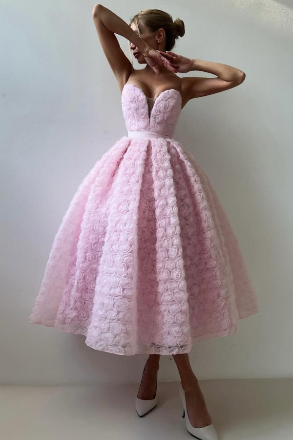 Pink Ankle Length Flowers Spaghetti-Straps Prom Dress ssr0651