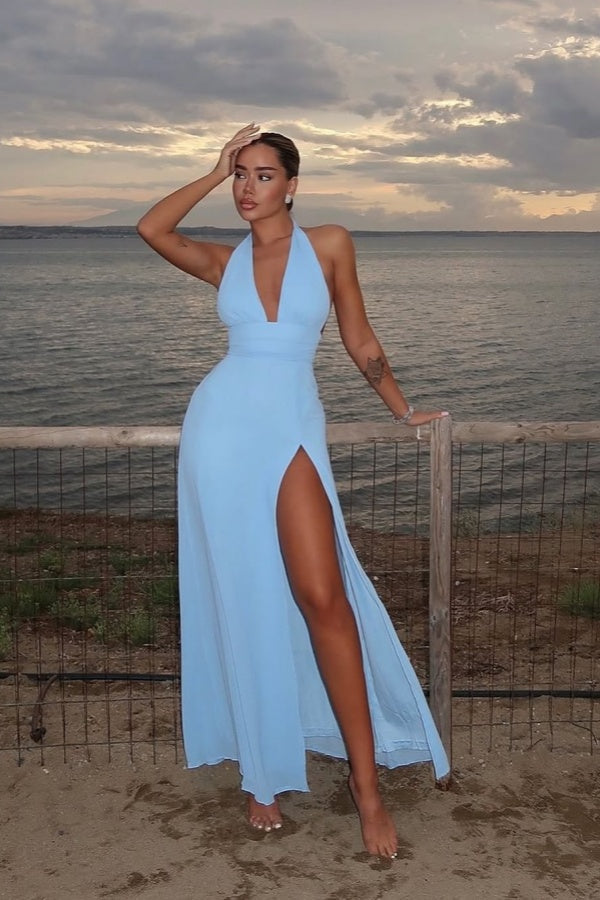 Glamorous Sky Blue Chiffon Summer Halter Split Prom Dress ssr0671