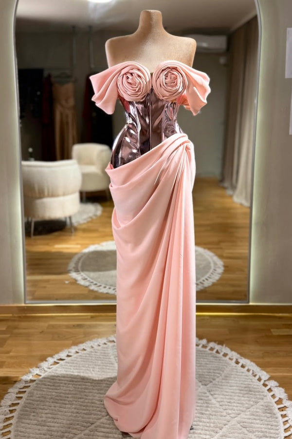 Pearl Pink Off-The-Shoulder Floral Neckline Pleated Prom Dress ssr0597