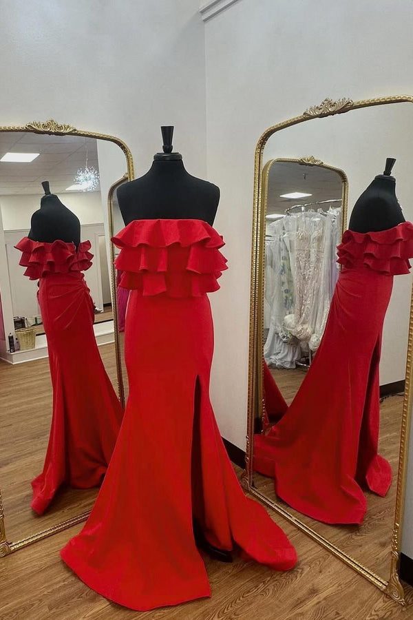 Strapless Red Ruffle Fitted Long Formal Dress with Slit