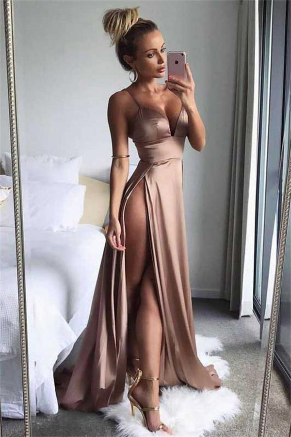 SSR0295,Spaghetti Straps Sexy Prom Dress High Split V Neck Evening Dresses