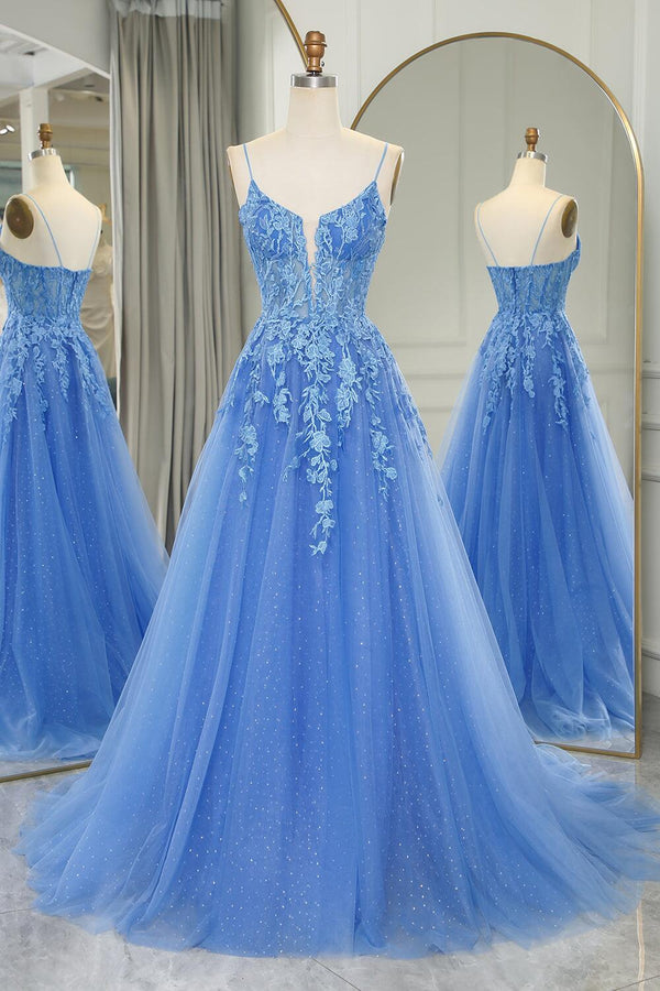 Straps Blue Lace Appliques A-line Long Formal Dress