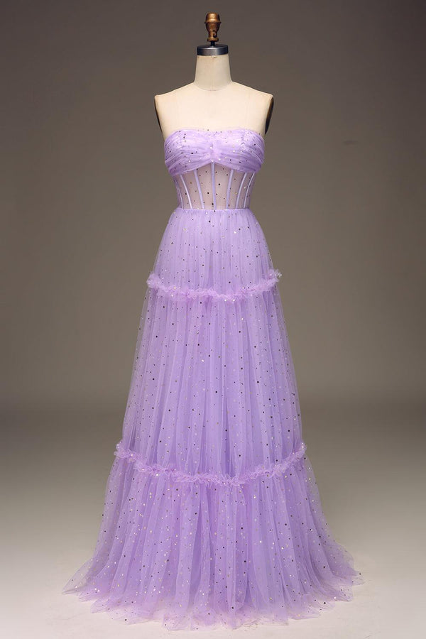 Lilac Starry Tulle A-line Long Formal Dress
