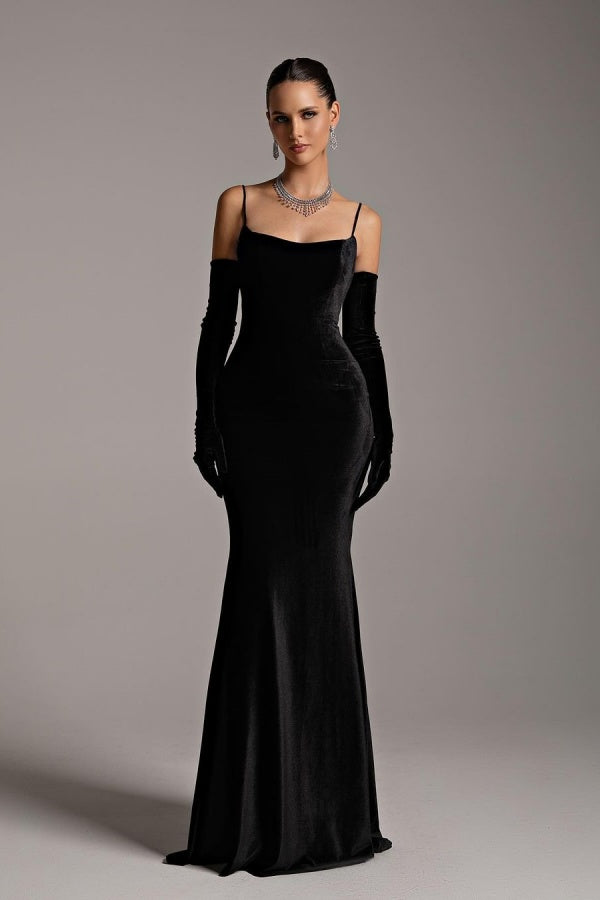 Black Velvet Long Gloves Spaghetti Straps Prom Dress ssr0257
