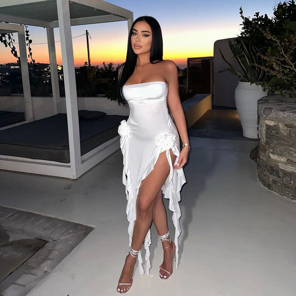 White Strapless Ruffles Chiffon Homecoming Dresses, SSR2992