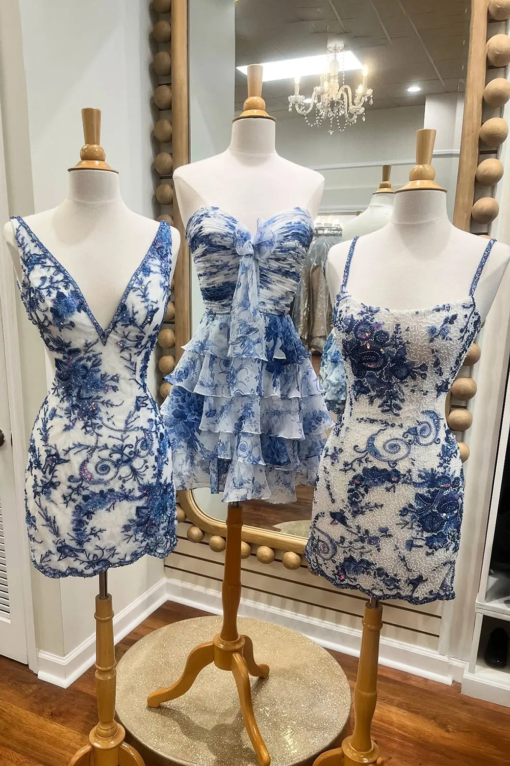 New A Line Sweetheart Blue Printed Short Homecoming Dress with Ruffles, SSR1225