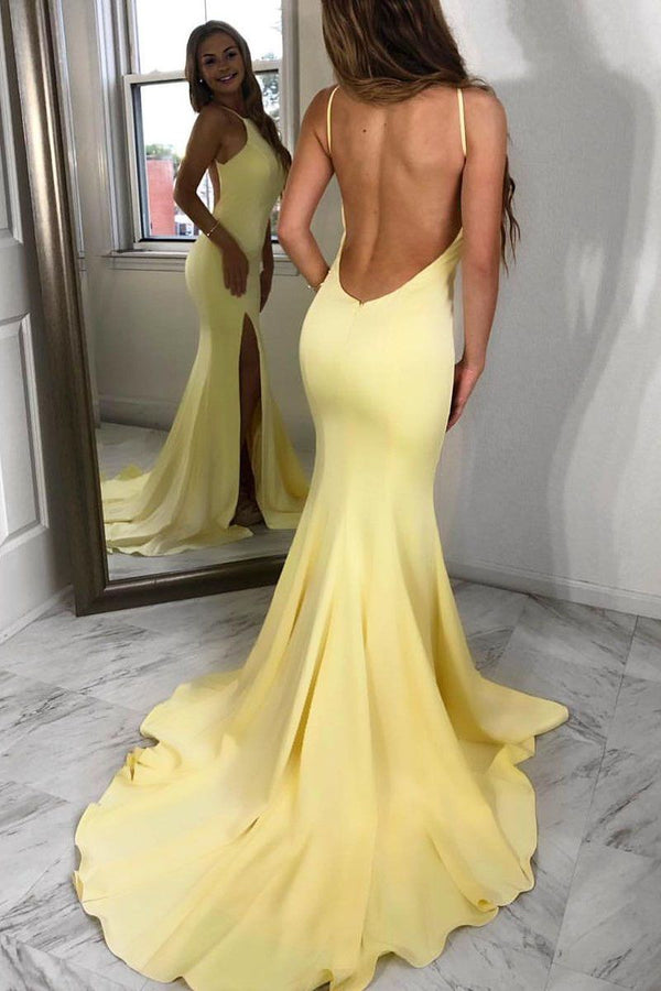 SSR0683,Pastel yellow satin mermaid long prom dresses open back evening formal gown
