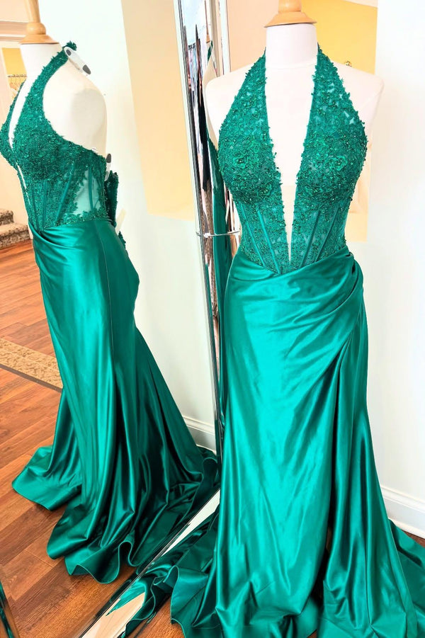 Halter Green Appliques Satin Ruched Prom Dress