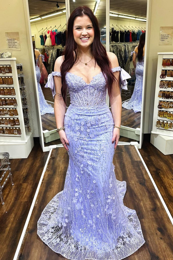 Off the Shoulder Lavender Mermaid Long Prom Dress