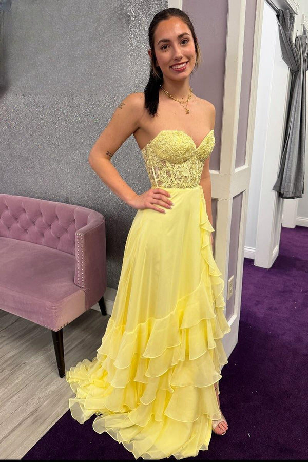 Sweetheart Yellow Lace Appliques Chiffon Ruffle Prom Dress
