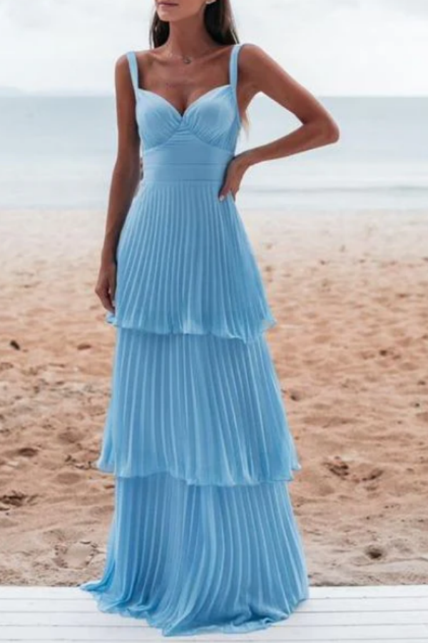 Sky Blue Semi-formal Pleated Layered Long Prom Dress ssr0581