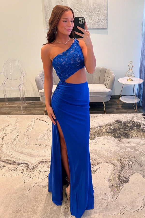 One Shoulder Royal Blue Appliques Cutout Long Dress