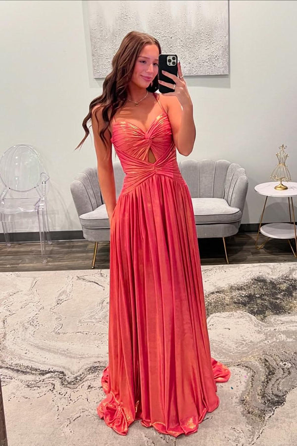 Spaghetti Straps Coral Metallic Twist Long Prom Dress