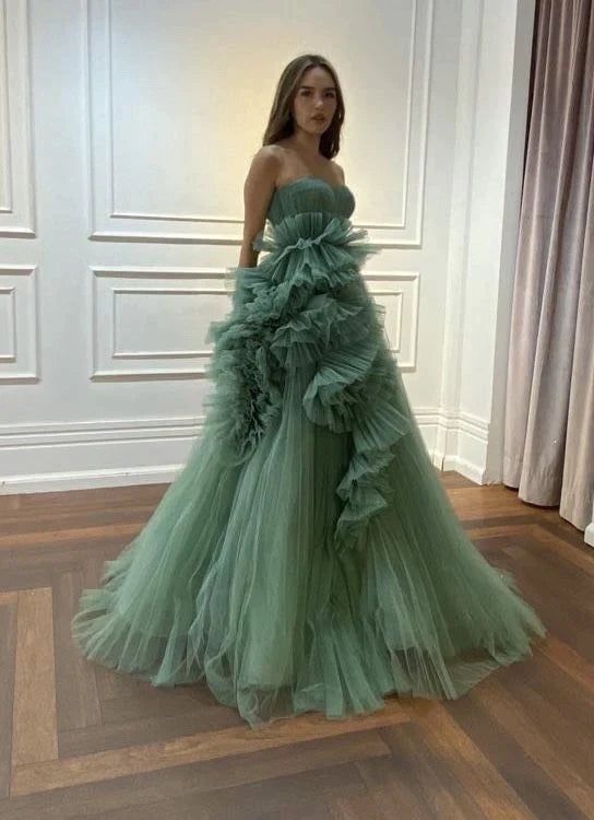 2025 Strapless Pleated Tulle A-Line Prom Evening Dress