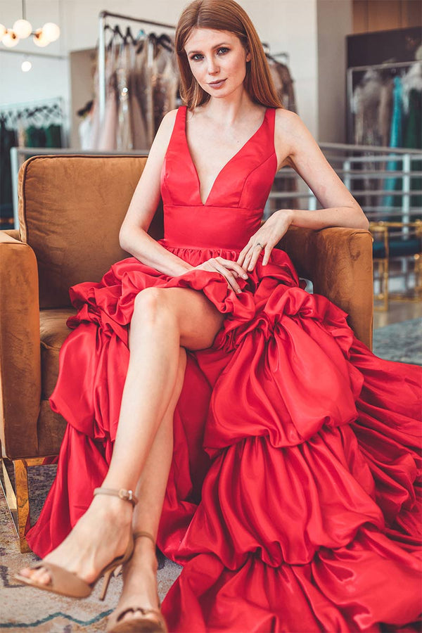SSR0689,Good quality red prom dress high low satin v neck evening formal gown