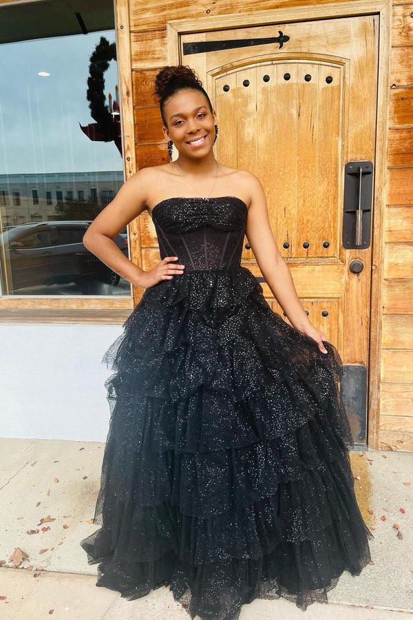 Strapless Black Tulle Tiered Ruffle Dress