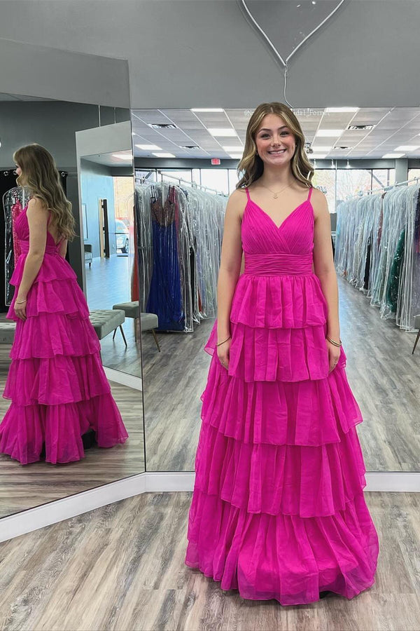 Fuchsia Pleated A-line Ruffles Long Party Dress