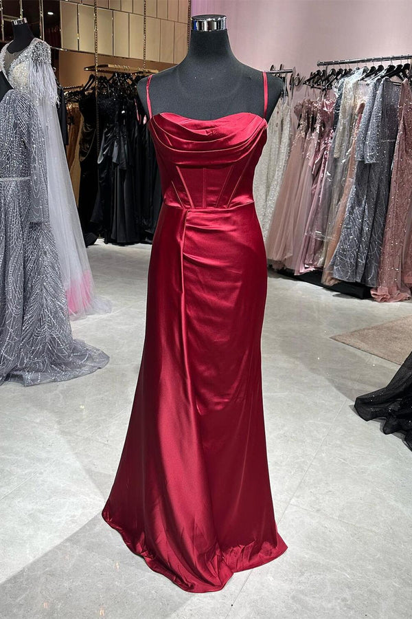 Straps Wine Red Satin Cowl Neck Dress