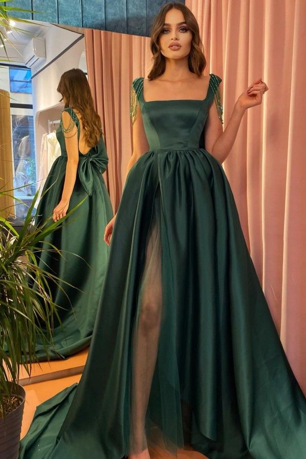 SSR1180,Square neck Long Evening Dress Side Slit Backless Formal Dress with Bow Tie