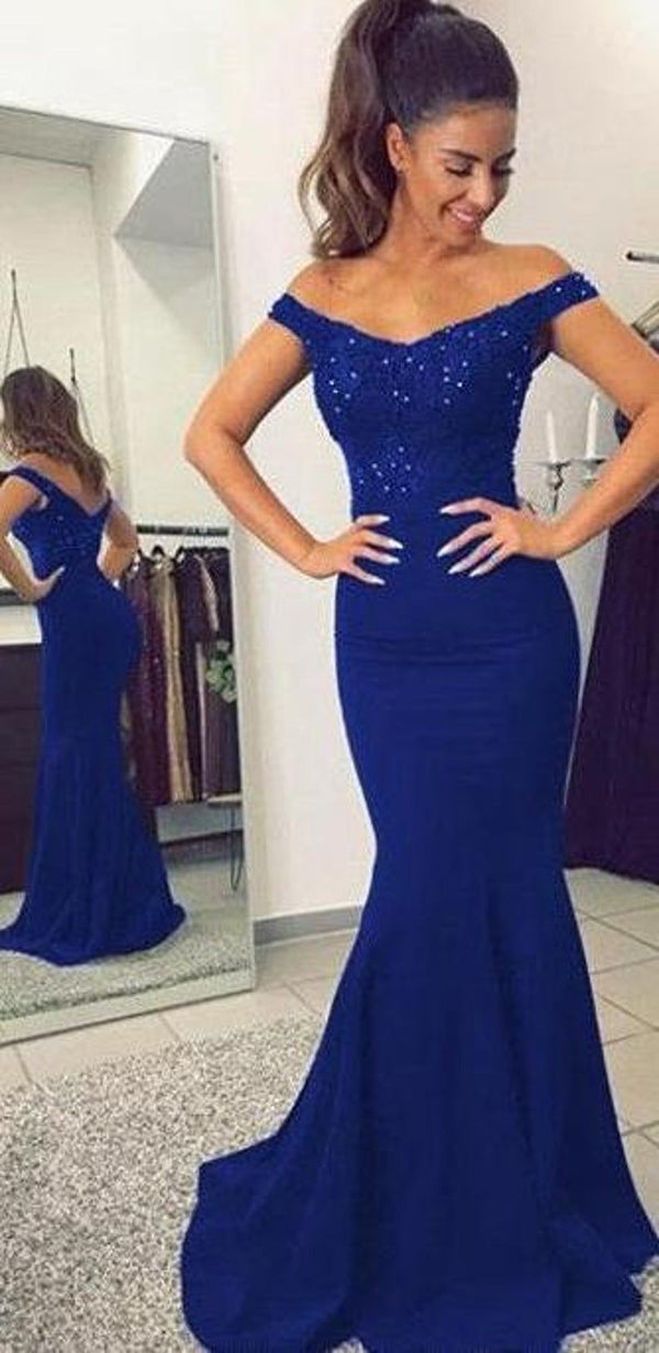 SSR0212,Sexy off the shoulder blue long prom dress applique beaded evening formal gown
