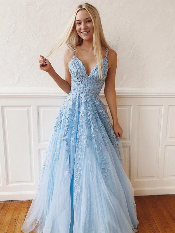 SSR0139,Light blue lace v neck sleeveless prom evening dresses