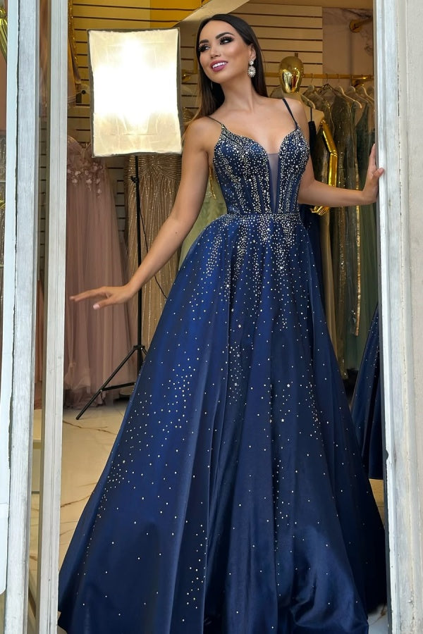 Navy Blue Spaghetti-Straps Beaded Long Prom Dress ssr0648